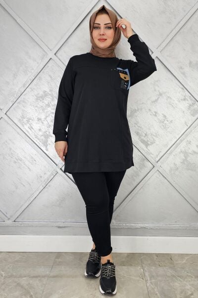 KADIN DÜĞME VE TAŞ DETAYLI TESETTÜR TUNİK SİYAH - L