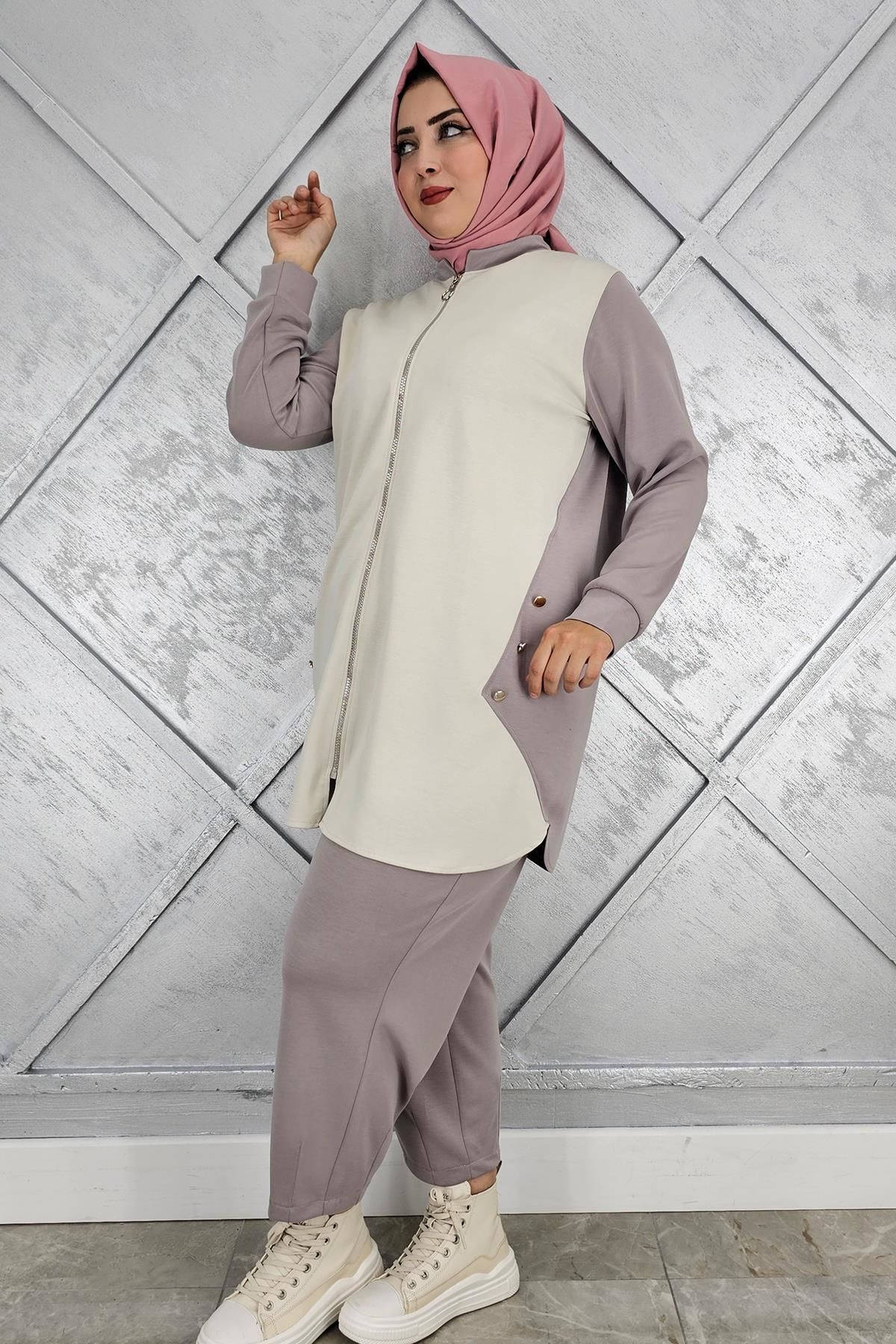 KADIN FERMUARLI DÜĞME DETAYLI TESETTÜR TAKIM VİZON - 3 BEDEN