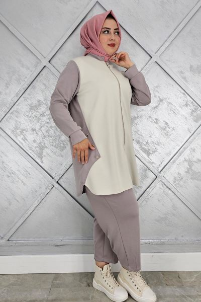 KADIN FERMUARLI DÜĞME DETAYLI TESETTÜR TAKIM VİZON - 3 BEDEN