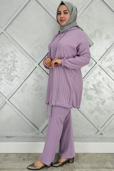 PYS KADIN DESEN KOMBİNLİ TESETTÜR TAKIM LİLA - 4 BEDEN