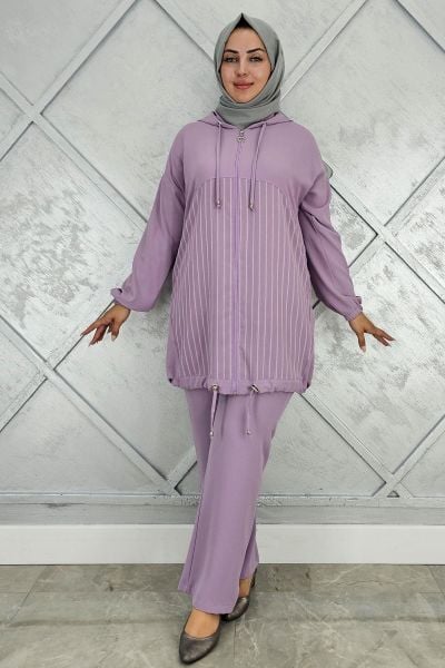 PYS KADIN DESEN KOMBİNLİ TESETTÜR TAKIM LİLA - 4 BEDEN