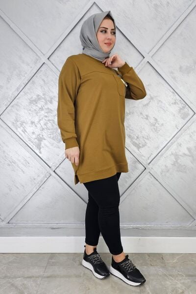 KADIN DÜĞME VE TAŞ DETAYLI TESETTÜR TUNİK YAĞ YEŞİLİ - 3XL