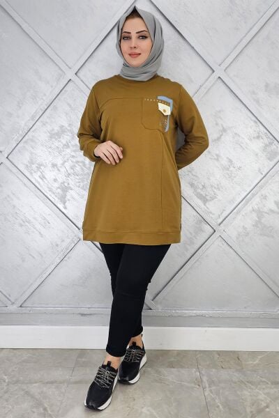 KADIN DÜĞME VE TAŞ DETAYLI TESETTÜR TUNİK YAĞ YEŞİLİ - 3XL