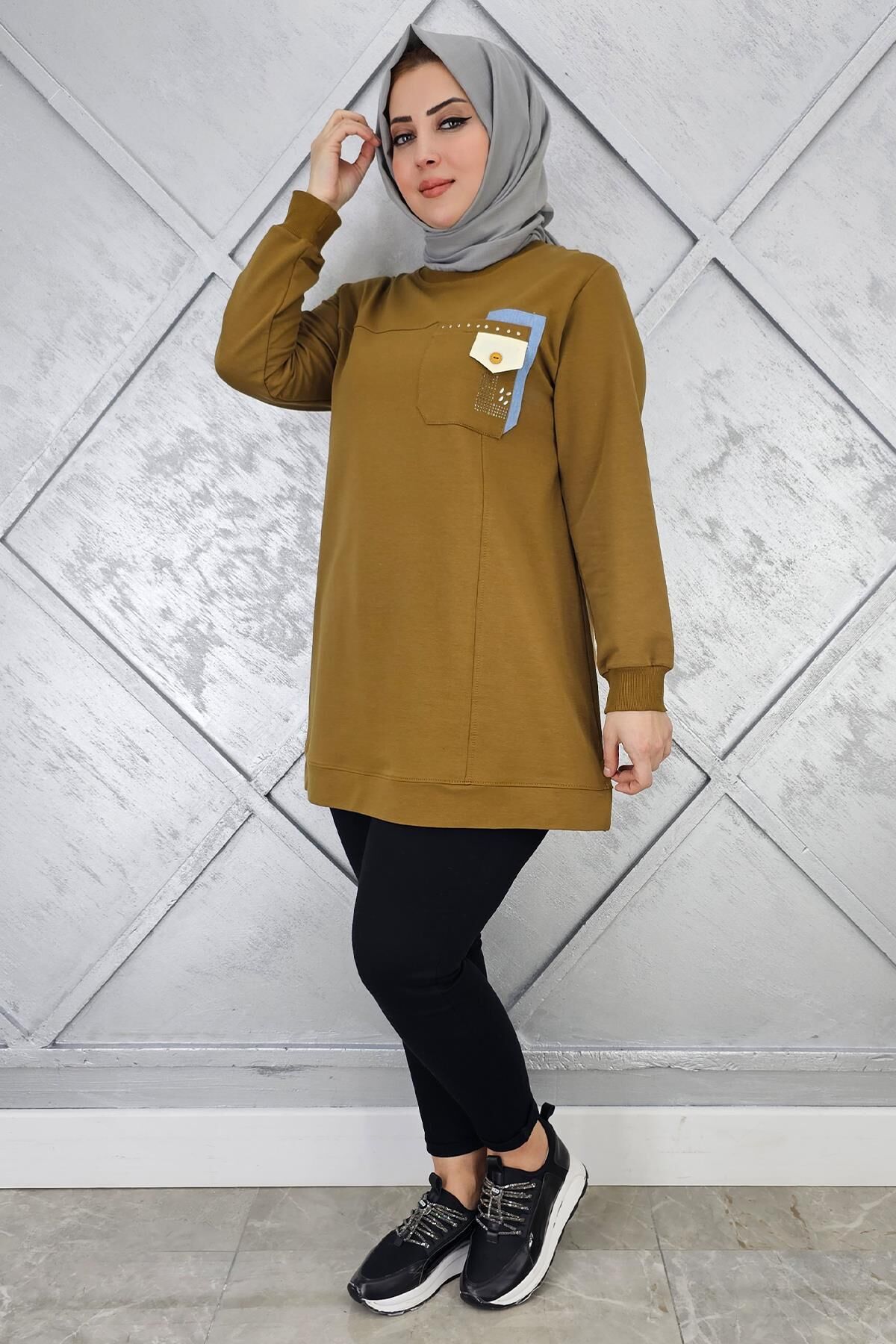KADIN DÜĞME VE TAŞ DETAYLI TESETTÜR TUNİK YAĞ YEŞİLİ - XL