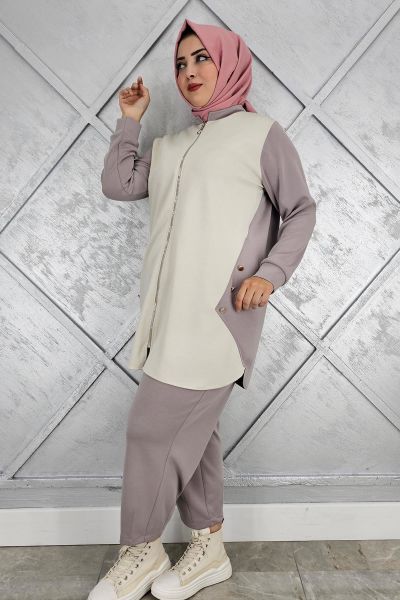 KADIN FERMUARLI DÜĞME DETAYLI TESETTÜR TAKIM VİZON - 2 BEDEN