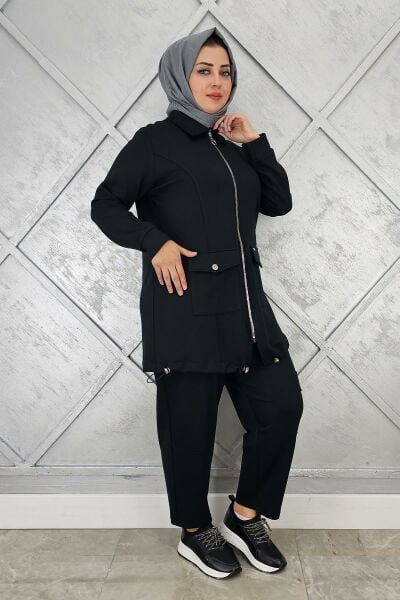 KADIN ÇIT ÇIT FERMUARLI TESETTÜR TAKIM SİYAH - 2 BEDEN