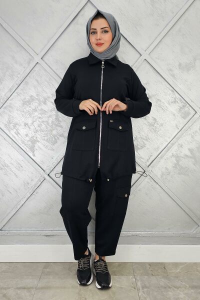 KADIN ÇIT ÇIT FERMUARLI TESETTÜR TAKIM SİYAH - 2 BEDEN