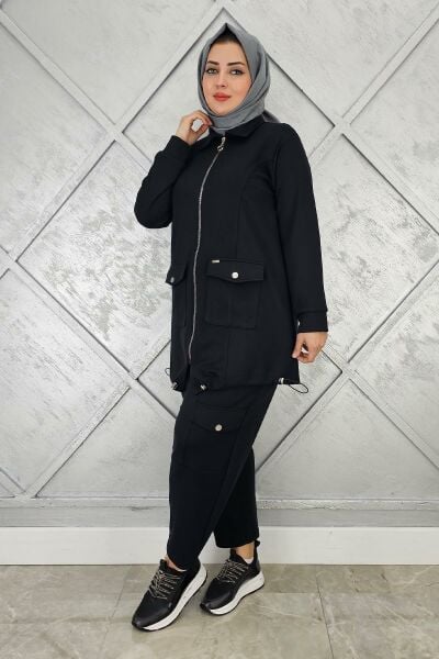 KADIN ÇIT ÇIT FERMUARLI TESETTÜR TAKIM SİYAH - 2 BEDEN