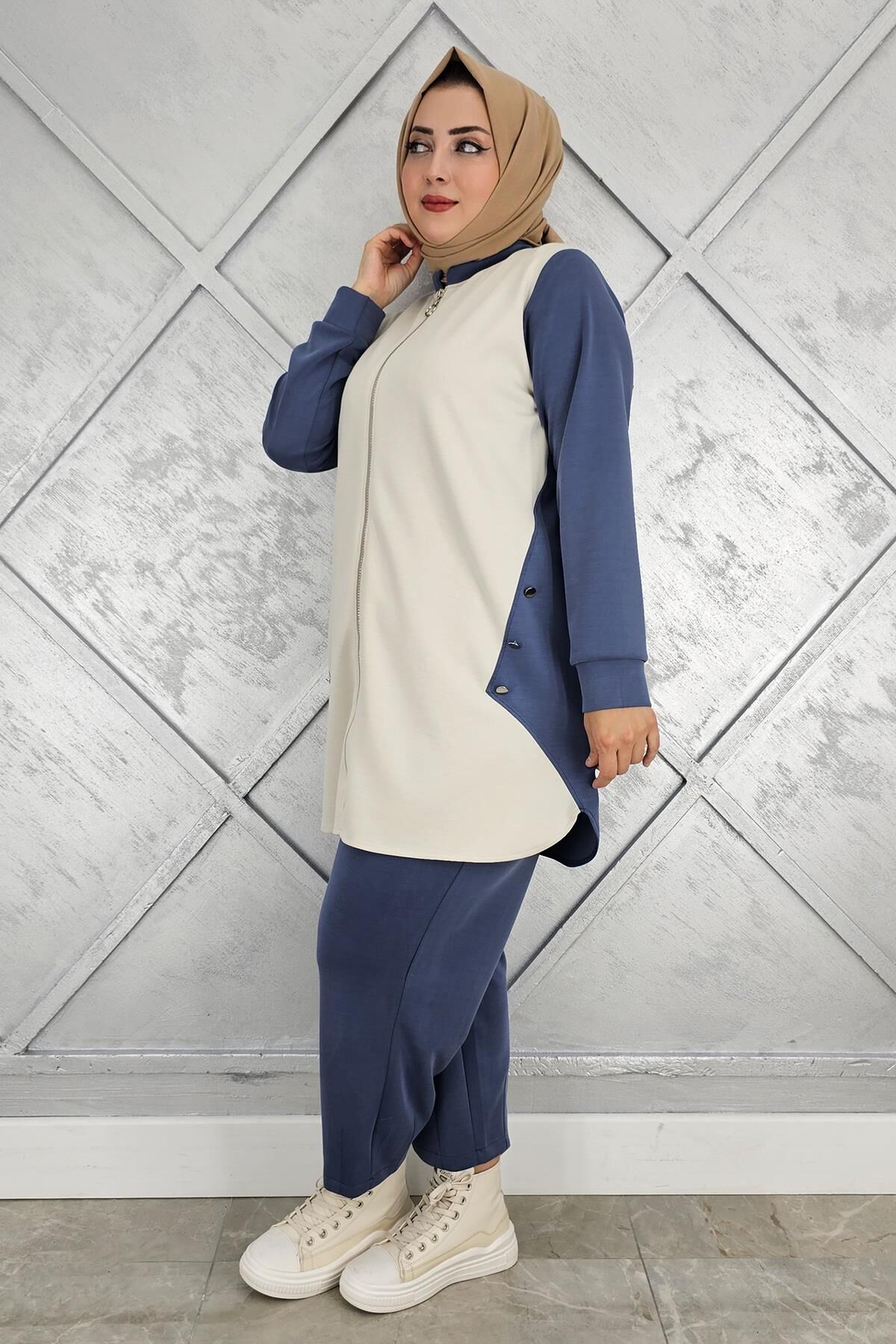 KADIN FERMUARLI DÜĞME DETAYLI TESETTÜR TAKIM İNDİGO - 2 BEDEN