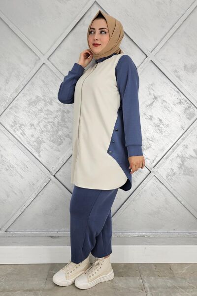 KADIN FERMUARLI DÜĞME DETAYLI TESETTÜR TAKIM İNDİGO - 2 BEDEN