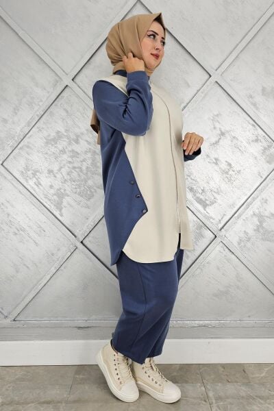 KADIN FERMUARLI DÜĞME DETAYLI TESETTÜR TAKIM İNDİGO - 2 BEDEN