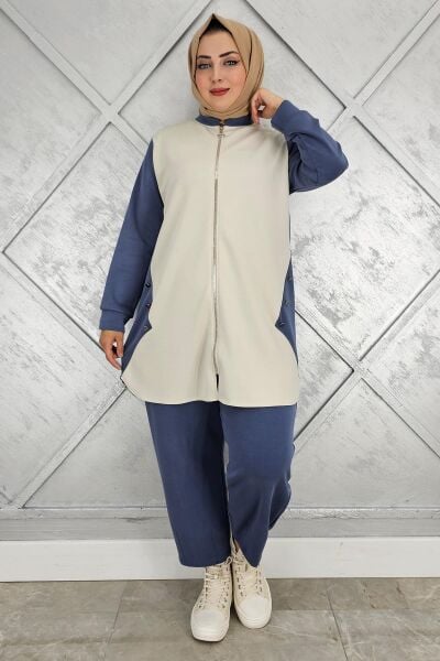 KADIN FERMUARLI DÜĞME DETAYLI TESETTÜR TAKIM İNDİGO - 2 BEDEN