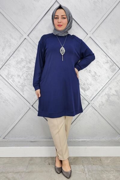 KADIN KOLYE DETAYLI TESETTÜR TUNİK LACİVERT - 5 BEDEN