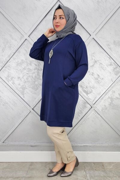 KADIN KOLYE DETAYLI TESETTÜR TUNİK LACİVERT - 5 BEDEN