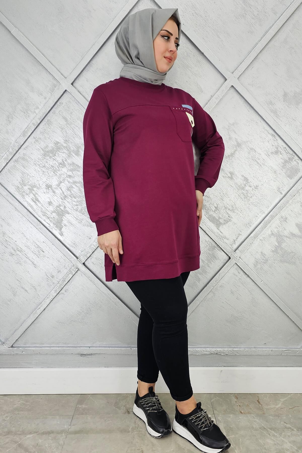 KADIN DÜĞME VE TAŞ DETAYLI TESETTÜR TUNİK BORDO - 3XL