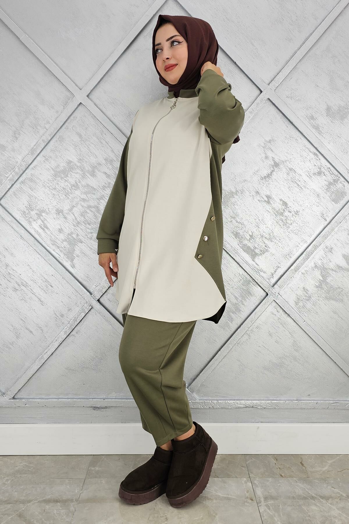 KADIN FERMUARLI DÜĞME DETAYLI TESETTÜR TAKIM HAKİ - 2 BEDEN