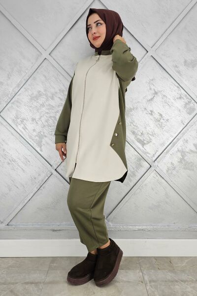 KADIN FERMUARLI DÜĞME DETAYLI TESETTÜR TAKIM HAKİ - 2 BEDEN