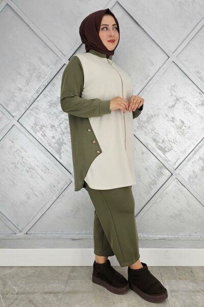 KADIN FERMUARLI DÜĞME DETAYLI TESETTÜR TAKIM HAKİ - 2 BEDEN