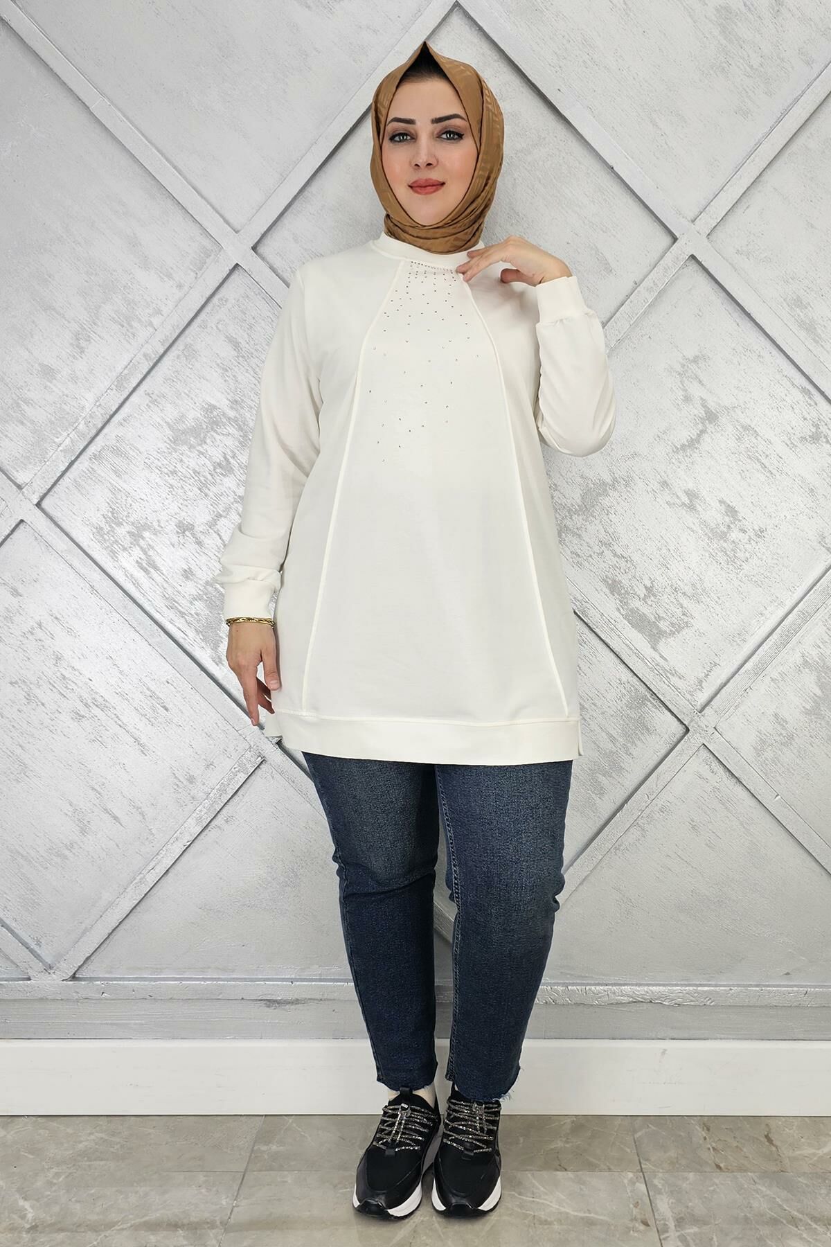 KADIN NERVÜR DİKİM TAŞ DETAYLI TESETTÜR TUNİK HAKİ - 2XL