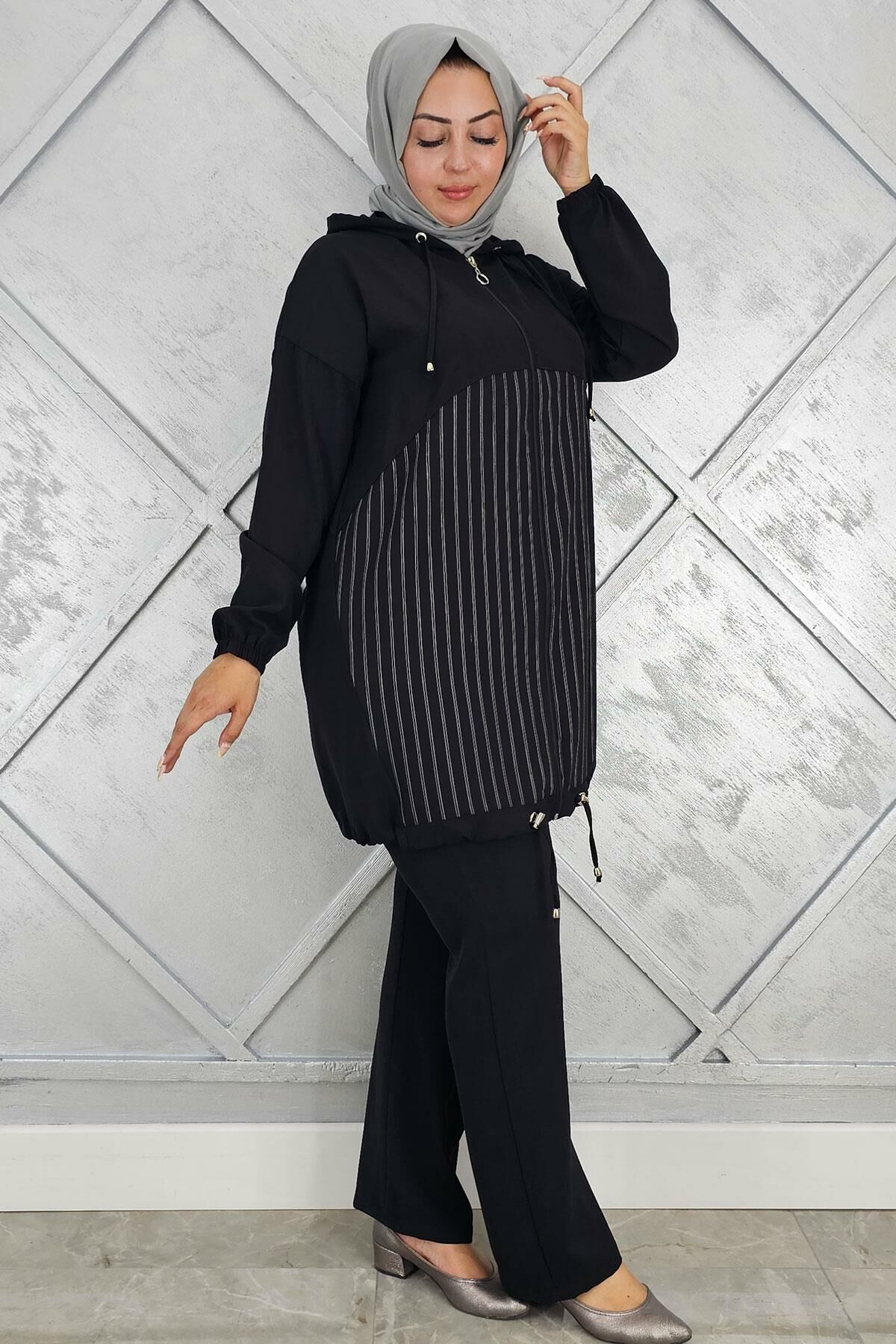 PYS KADIN DESEN KOMBİNLİ TESETTÜR TAKIM SİYAH - 4 BEDEN