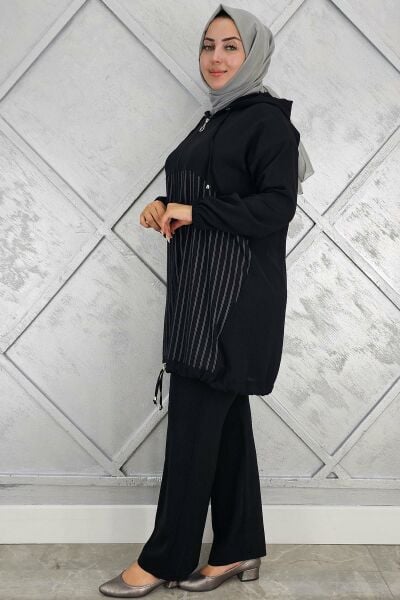 PYS KADIN DESEN KOMBİNLİ TESETTÜR TAKIM SİYAH - 4 BEDEN