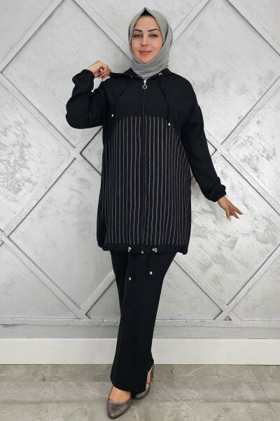PYS KADIN DESEN KOMBİNLİ TESETTÜR TAKIM SİYAH - 4 BEDEN