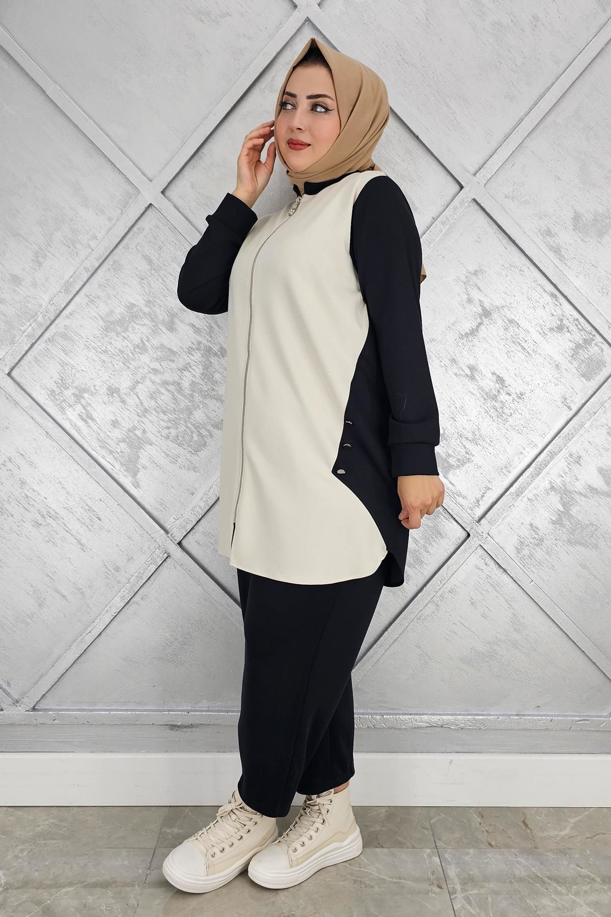 KADIN FERMUARLI DÜĞME DETAYLI TESETTÜR TAKIM SİYAH - 3 BEDEN