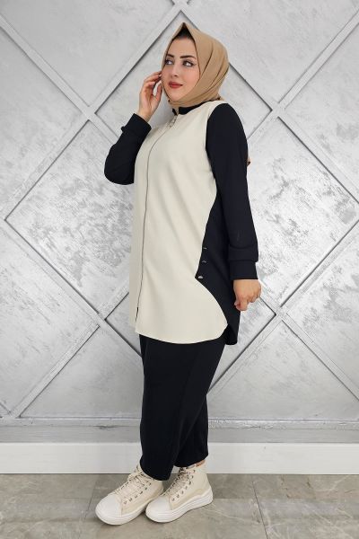 KADIN FERMUARLI DÜĞME DETAYLI TESETTÜR TAKIM SİYAH - 3 BEDEN