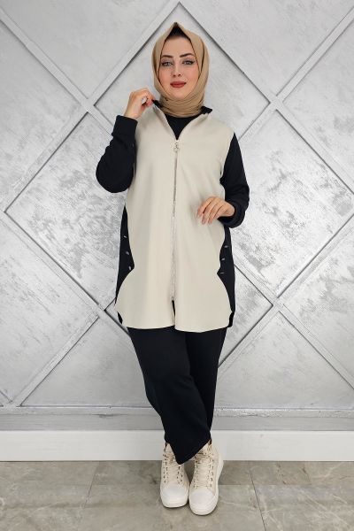 KADIN FERMUARLI DÜĞME DETAYLI TESETTÜR TAKIM SİYAH - 3 BEDEN