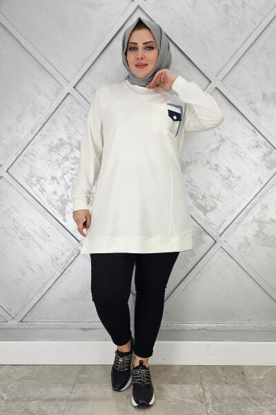 KADIN DÜĞME VE TAŞ DETAYLI TESETTÜR TUNİK EKRU - 2XL