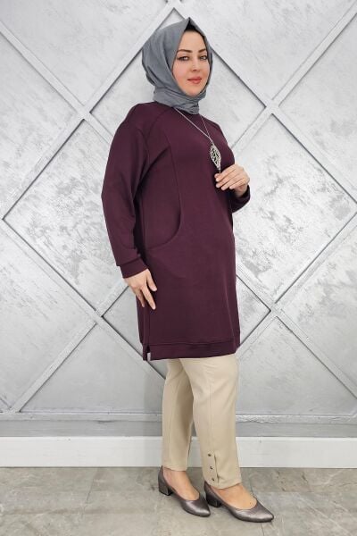 KADIN KOLYE DETAYLI TESETTÜR TUNİK BORDO - 3 BEDEN