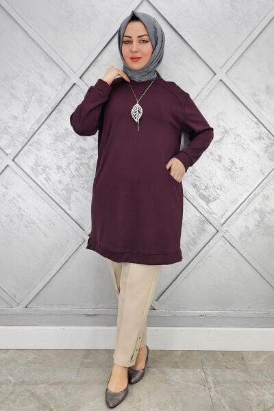 KADIN KOLYE DETAYLI TESETTÜR TUNİK BORDO - 3 BEDEN