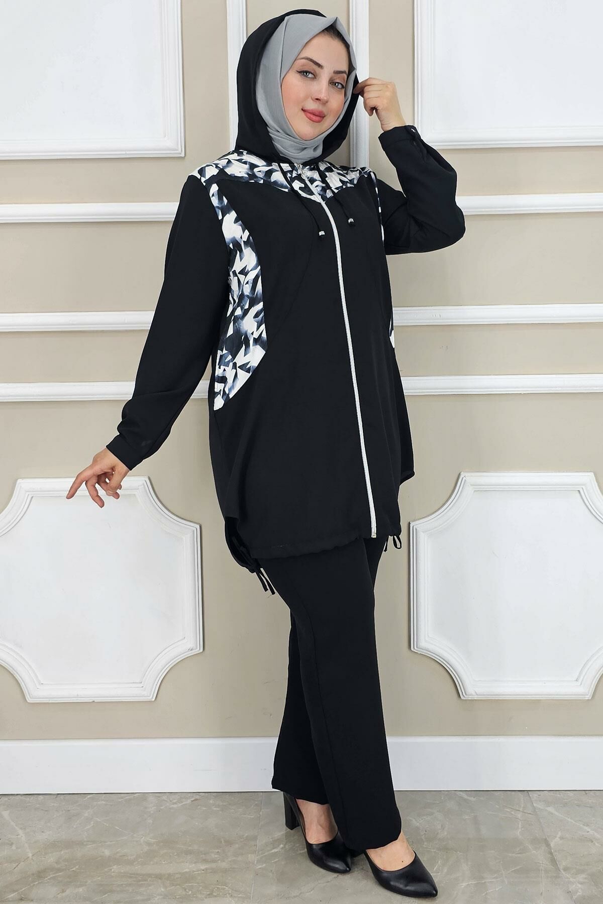 PYS KADIN KOMBİN DETAYLI TESETTÜR TAKIM SİYAH - 2 BEDEN