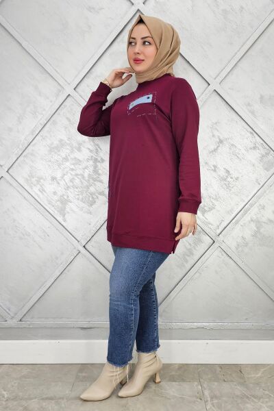 KADIN DÜĞME DETAYLI TESETTÜR TUNİK BORDO - 2XL