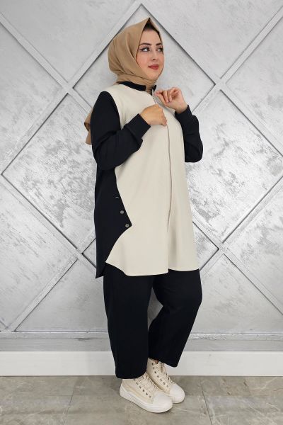 KADIN FERMUARLI DÜĞME DETAYLI TESETTÜR TAKIM SİYAH - 2 BEDEN