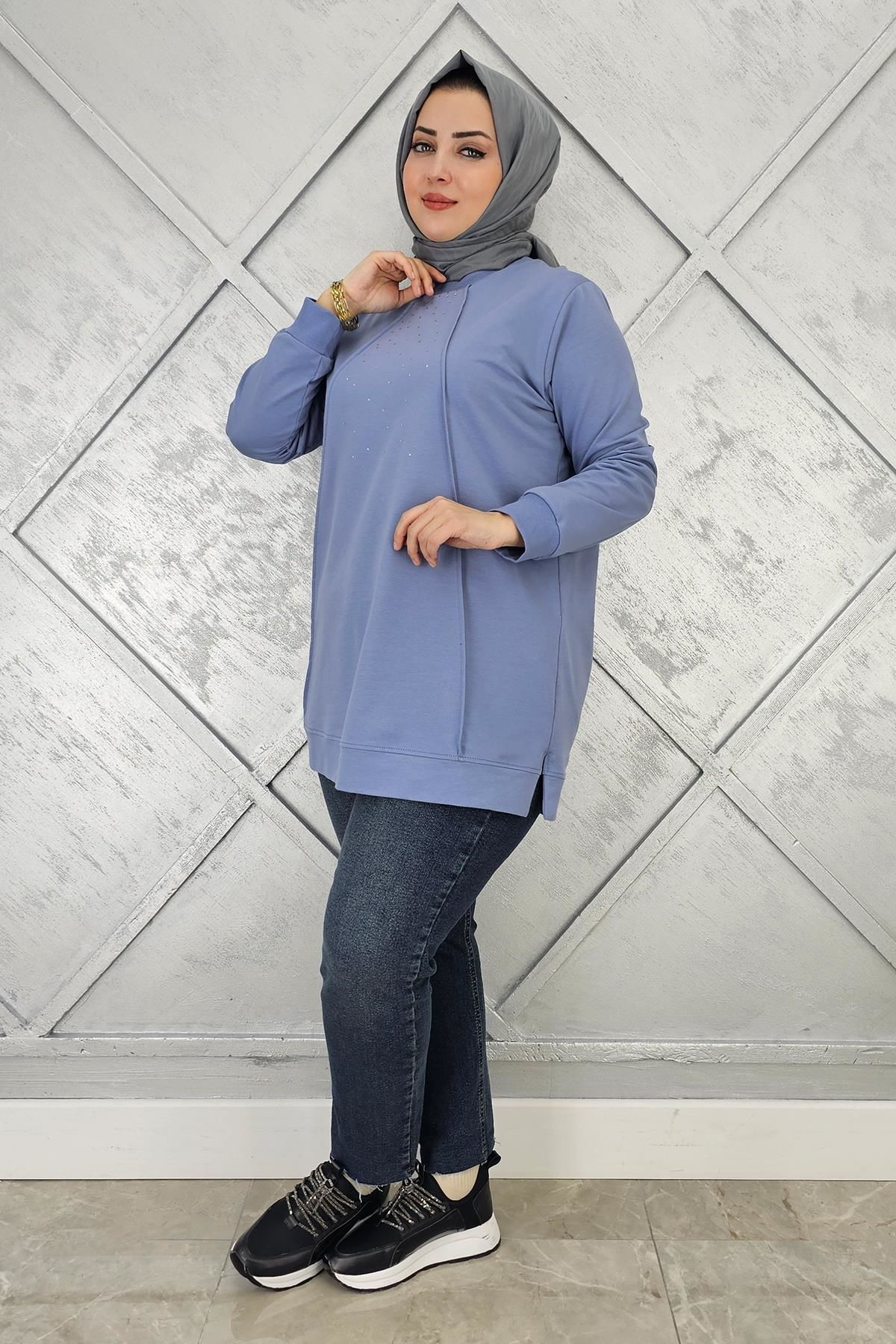 KADIN NERVÜR DİKİM TAŞ DETAYLI TESETTÜR TUNİK MAVİ - L