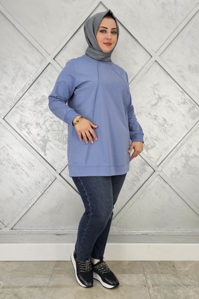 KADIN NERVÜR DİKİM TAŞ DETAYLI TESETTÜR TUNİK MAVİ - L