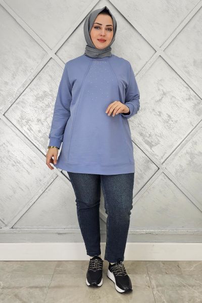 KADIN NERVÜR DİKİM TAŞ DETAYLI TESETTÜR TUNİK MAVİ - L