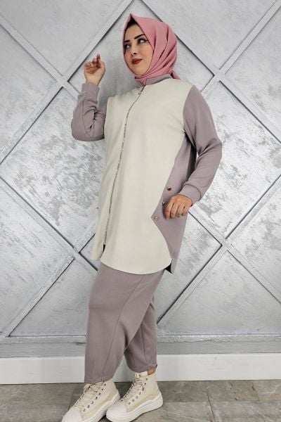 KADIN FERMUARLI DÜĞME DETAYLI TESETTÜR TAKIM VİZON - 4 BEDEN