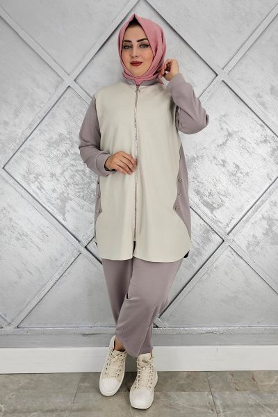 KADIN FERMUARLI DÜĞME DETAYLI TESETTÜR TAKIM VİZON - 4 BEDEN