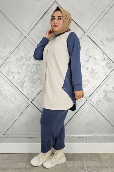 KADIN FERMUARLI DÜĞME DETAYLI TESETTÜR TAKIM İNDİGO - 3 BEDEN