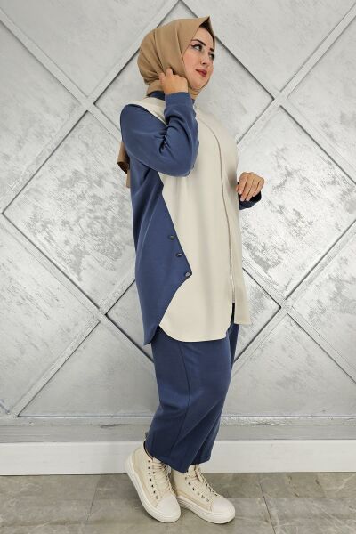 KADIN FERMUARLI DÜĞME DETAYLI TESETTÜR TAKIM İNDİGO - 3 BEDEN