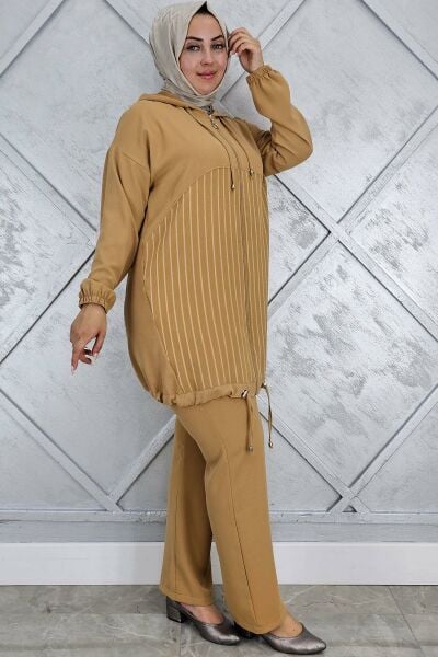 PYS KADIN DESEN KOMBİNLİ TESETTÜR TAKIM CAMEL - 4 BEDEN