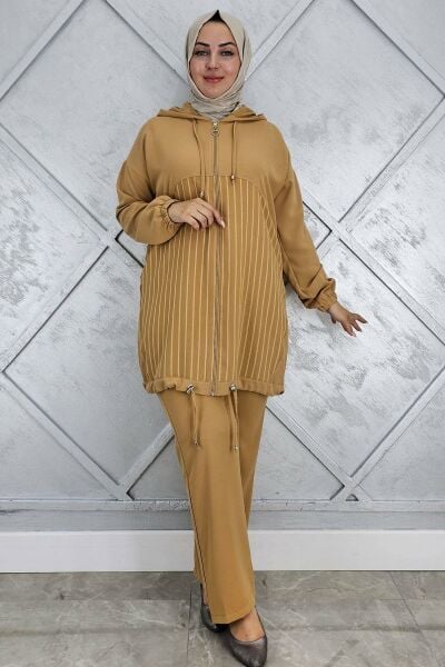 PYS KADIN DESEN KOMBİNLİ TESETTÜR TAKIM CAMEL - 4 BEDEN