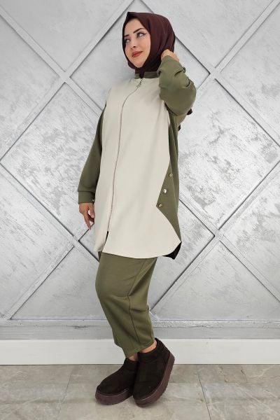 KADIN FERMUARLI DÜĞME DETAYLI TESETTÜR TAKIM HAKİ - 4 BEDEN