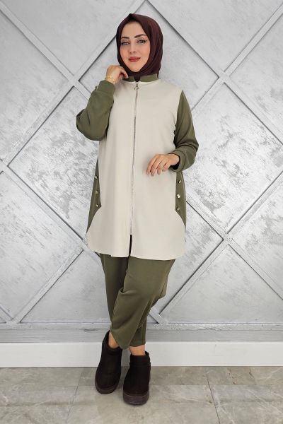 KADIN FERMUARLI DÜĞME DETAYLI TESETTÜR TAKIM HAKİ - 4 BEDEN