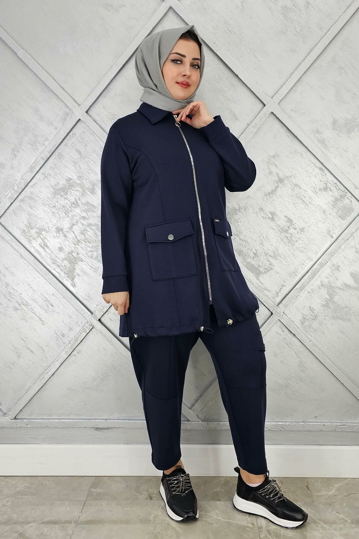 KADIN ÇIT ÇIT FERMUARLI TESETTÜR TAKIM LACİVERT - 4 BEDEN