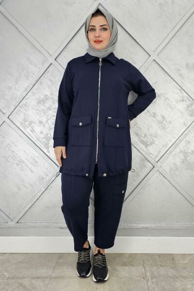 KADIN ÇIT ÇIT FERMUARLI TESETTÜR TAKIM LACİVERT - 4 BEDEN