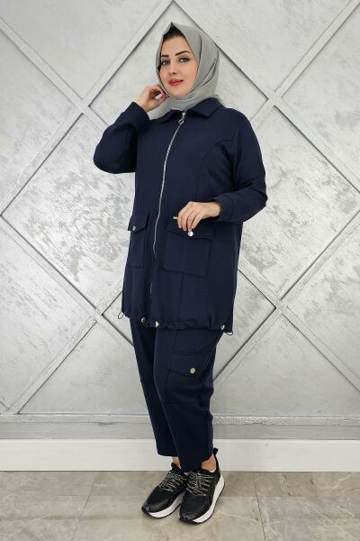 KADIN ÇIT ÇIT FERMUARLI TESETTÜR TAKIM LACİVERT - 4 BEDEN