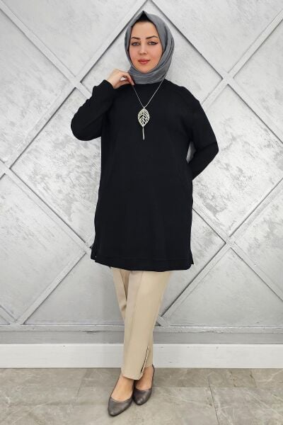 KADIN KOLYE DETAYLI TESETTÜR TUNİK SİYAH - 5 BEDEN